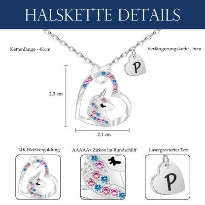 🦄 Unicorn necklace in a heart with the letter K, steel with 14K white coating, zirconium