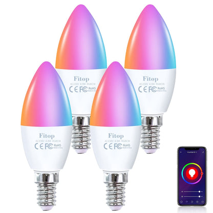 4x FITOP pametne WiFi žarnice E14, 4,9W,  – RGB + topla/hladna bela, 470 lm, 16 miljonov barv