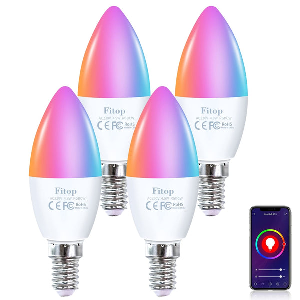 4x FITOP pametne WiFi žarnice E14, 4,9W,  – RGB + topla/hladna bela, 470 lm, 16 miljonov barv - naklikaj.si
