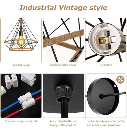 💡 Industrial pendant light with metal frame and hemp rope, E27