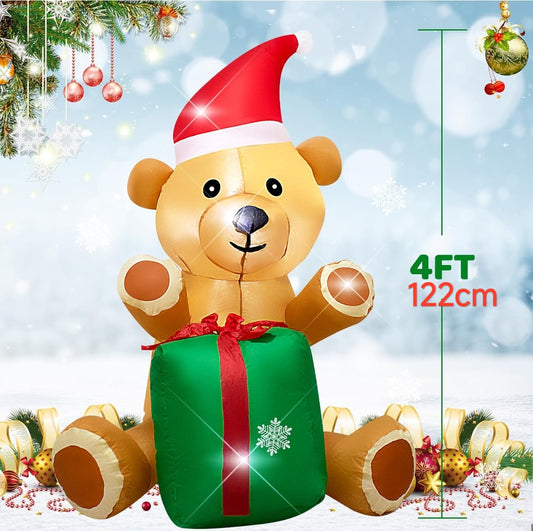 Napihljiv božični medved z darilom – tkanina Oxford, notranja LED osvetlitev, višina 122 cm