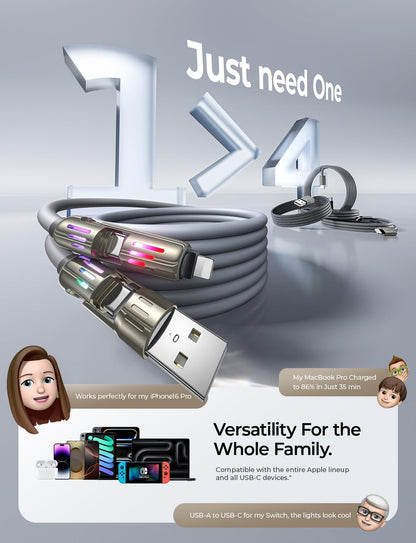 LISEN 4-v-1 večnamenski polnilni kabel 240W – 2m, Type-C / USB-A / Lightning