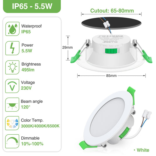 💡 10x Alusso LED recessed light 5.5W (85mm) – white