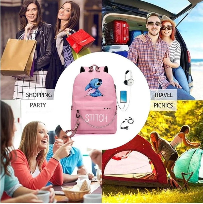 Roza nahrbtnik Stitch – 20–35L, z odprtino za USB priključek in slušalke