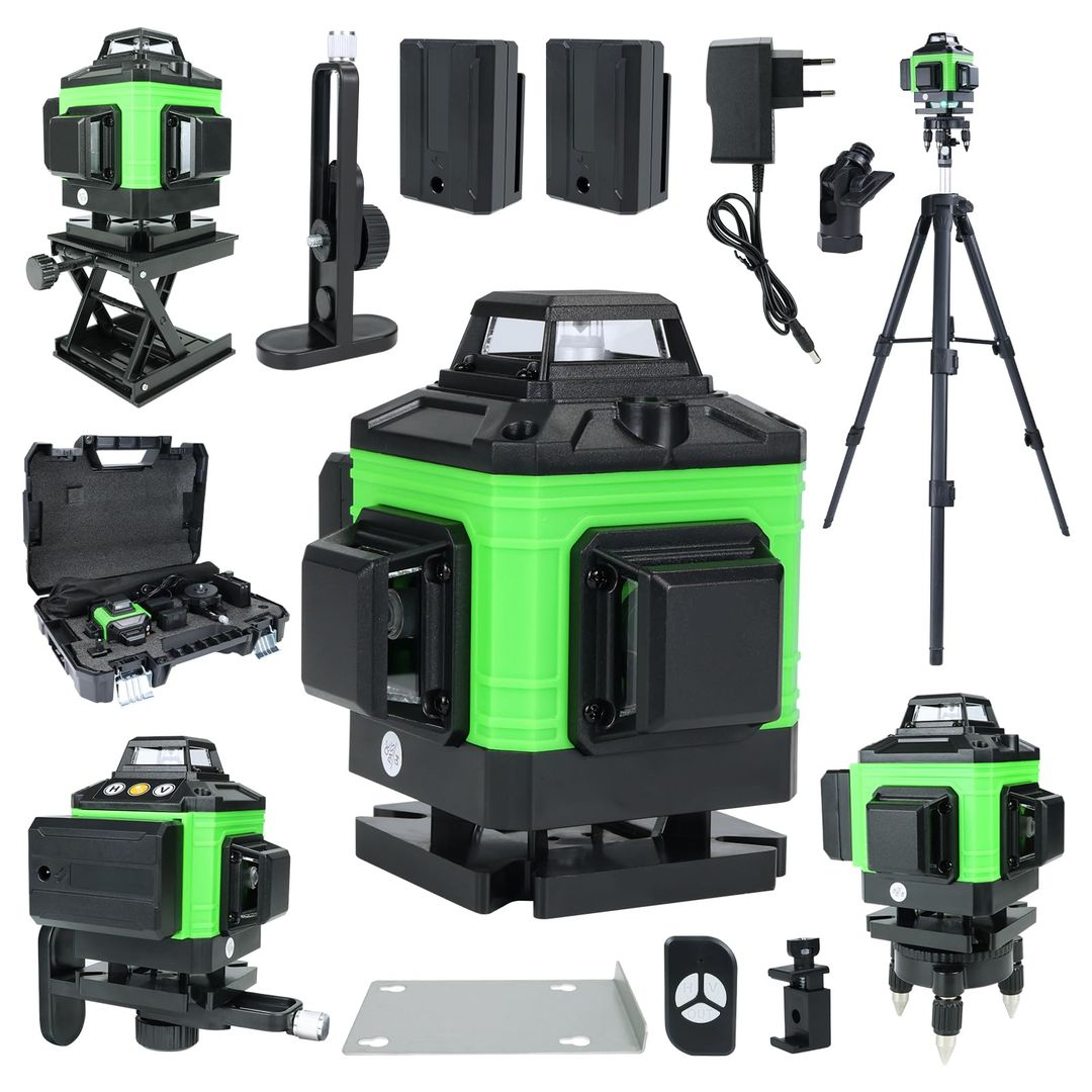 Gradbeni laser 4x360° z zelenim žarkom, 16-linijski s teleskopskim stativom + 2x baterija, garancija