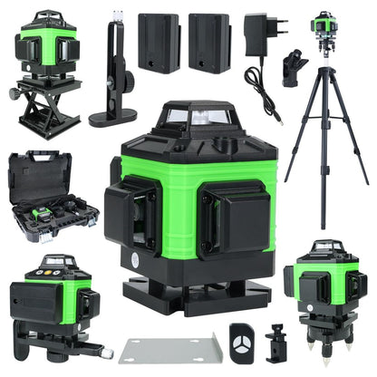 Gradbeni laser 4x360° z zelenim žarkom, 16-linijski s teleskopskim stativom + 2x baterija, garancija