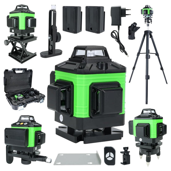 Gradbeni laser 4x360° z zelenim žarkom, 16-linijski s teleskopskim stativom + 2x baterija, garancija