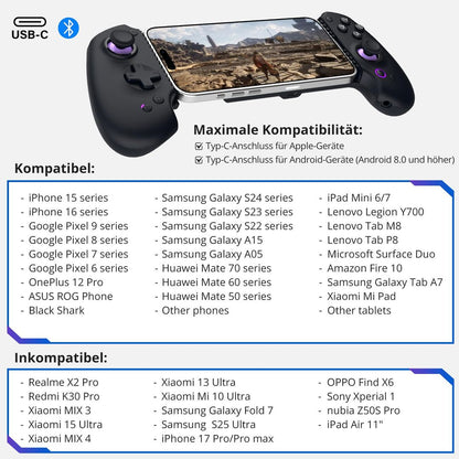 Igralni kontroler za telefon, Hall Effect joystick, Bluetooth, USB-C - Android, Apple