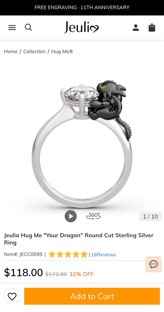 💍 JEULIA Hug Me "Your Dragon" srebrni 925 prstan s cirkonijem