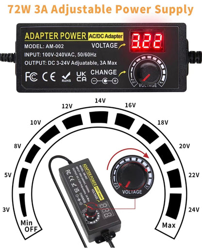 🔌 Adjustable universal power supply 3V–24V (72W, 3A) with LED display and 14 attachments