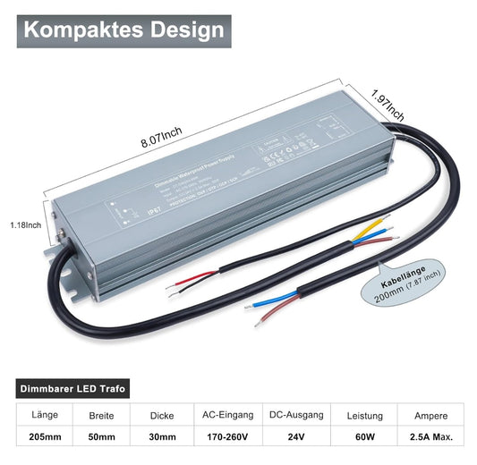 ⚡ REYLAX LED napajalnik 24V, 60W, IP67 – zatemnilni (dimmable)