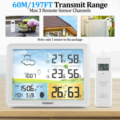 Naklikaj.si Kalawen brezžična vremenska postaja z LCD zaslonom prikazuje napoved, zunanjo/notranjo temperaturo in vlago, barometrični pritisk, uro, datum ter koledar; priložena 2 bela zunanja senzorja.