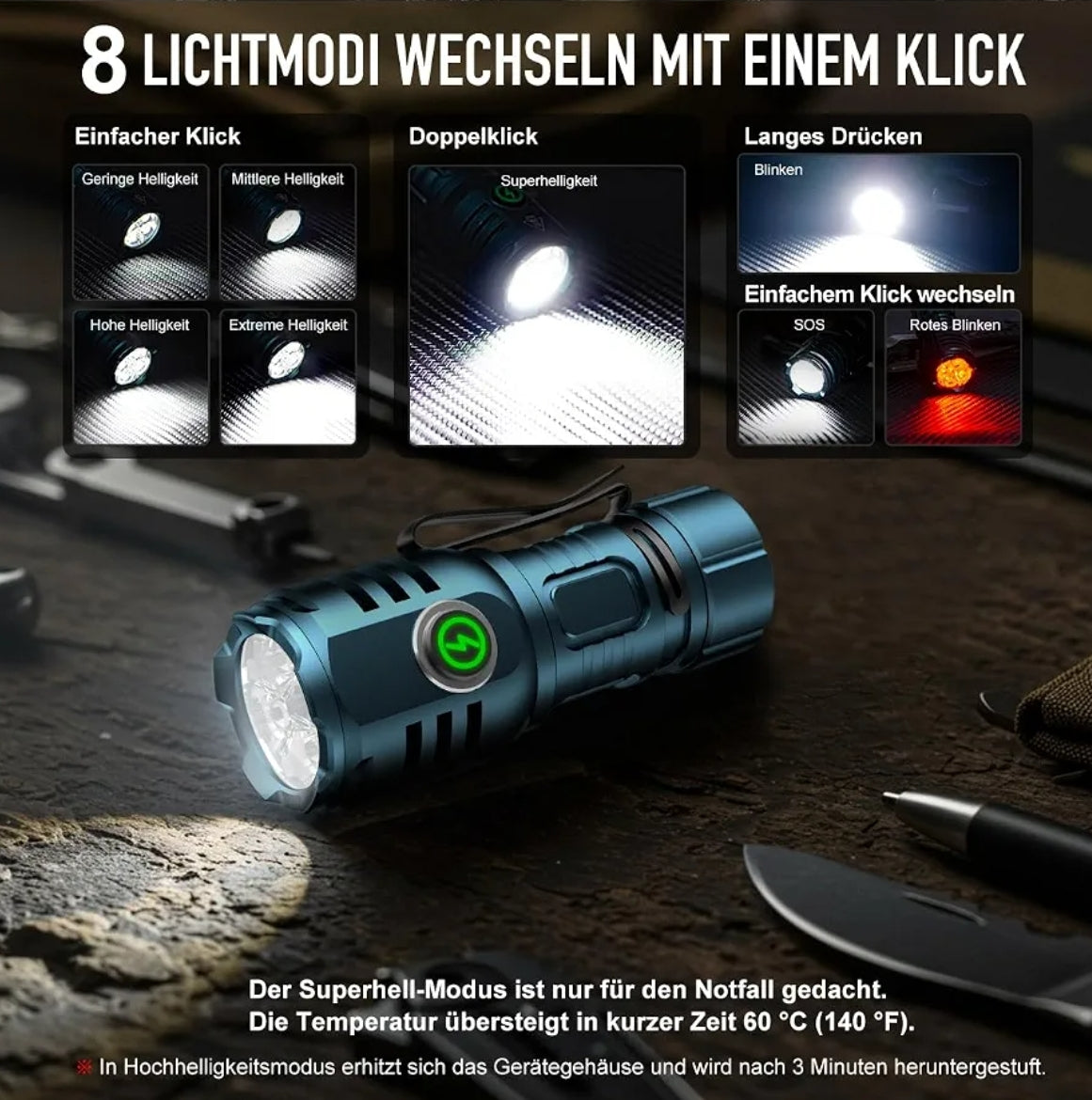 Mini polnilna LED svetilka Skylla z svetilnostjo 6000 lumnov, 1000mah, magnetna, USB-C
