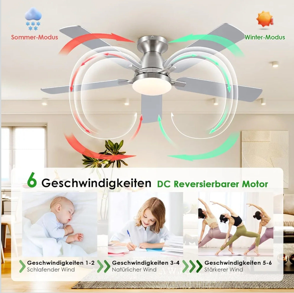 Shanggu stropni ventilator z lučjo (nikelj) - 132 cm, daljinec, aplikacija - naklikaj.si