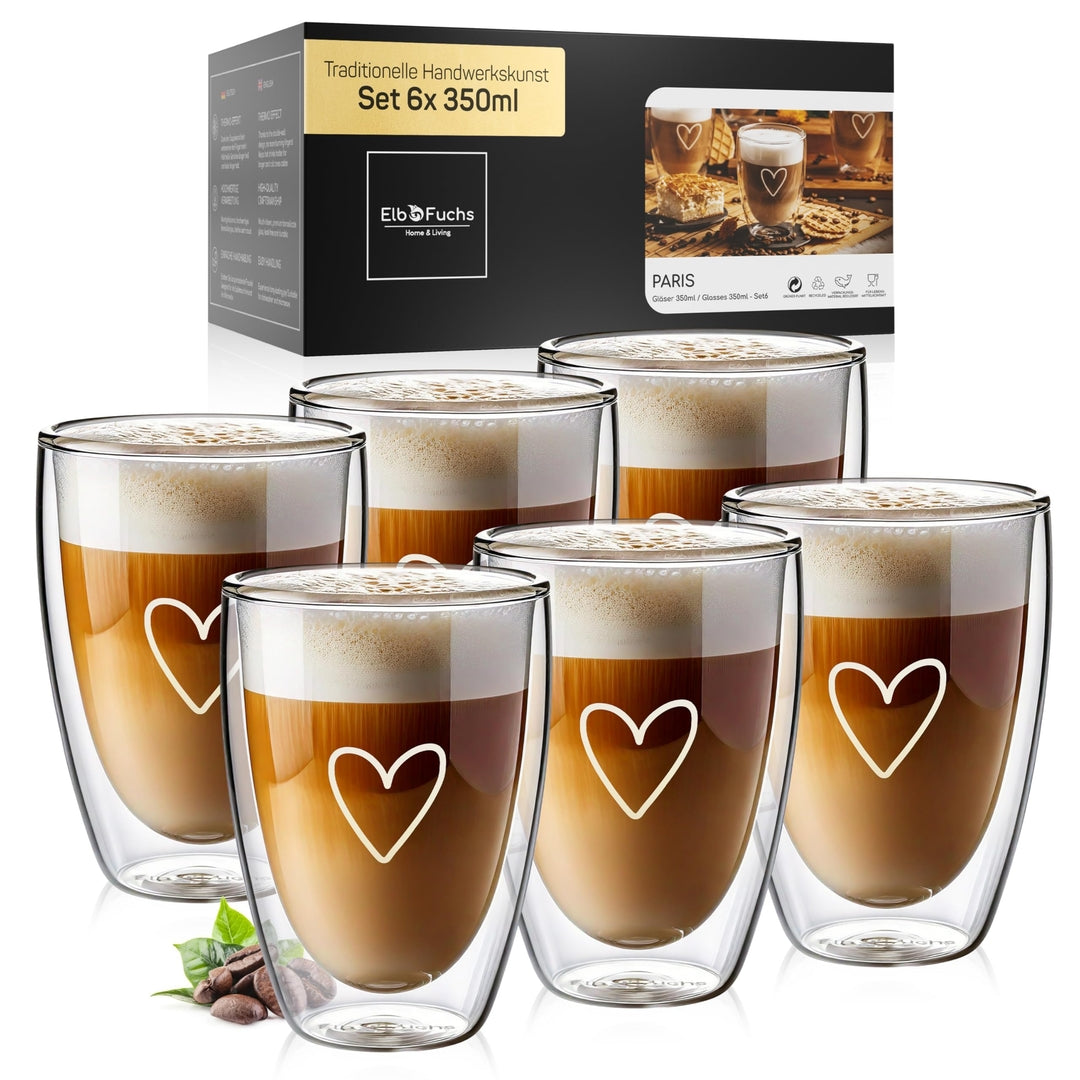 ☕ ElbFuchs® komplet 6x Cappuccino kozarcev s srčkom (350 ml, dvojna stena)