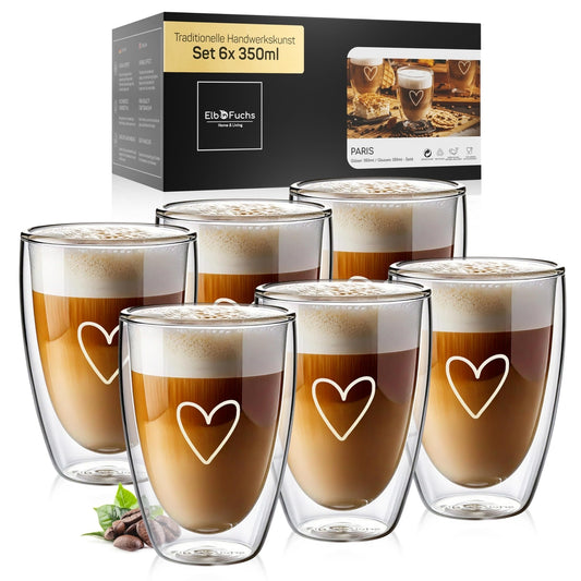 ☕ ElbFuchs® komplet 6x Cappuccino kozarcev s srčkom (350 ml, dvojna stena)