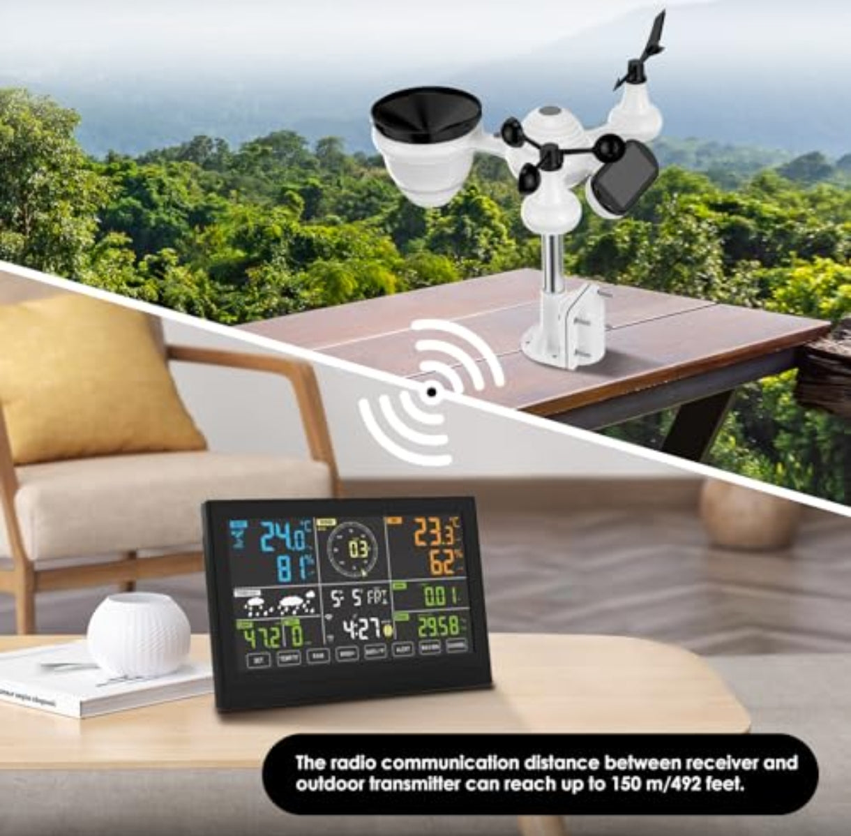 PetierWeit 7-v-1 brezžična vremenska postaja z zunanjim senzorjem in barvnim LCD zaslonom