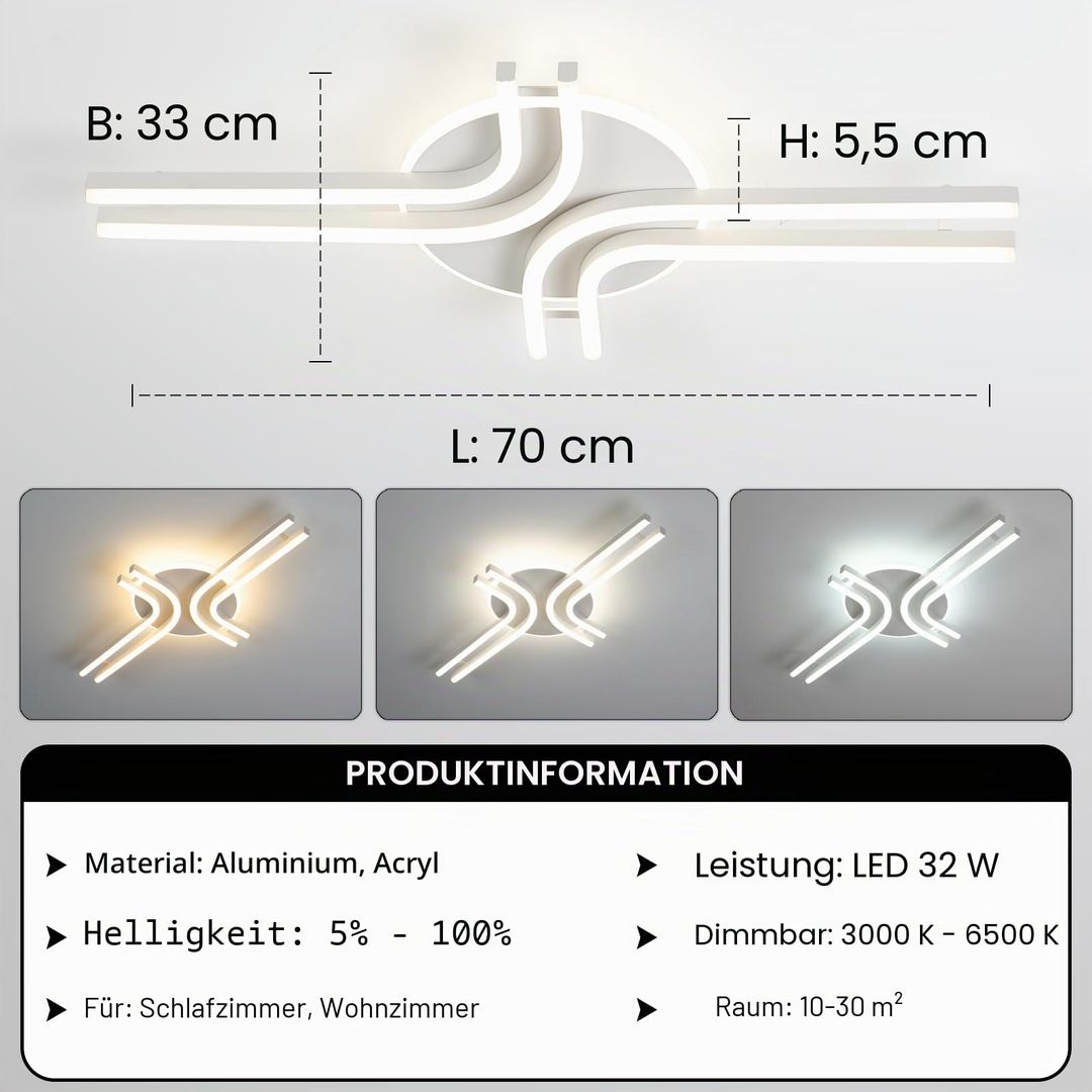 LED stropna luč 32W, 3200lm, 3000-6500K, daljinec, aplikacija, 70cm - bela