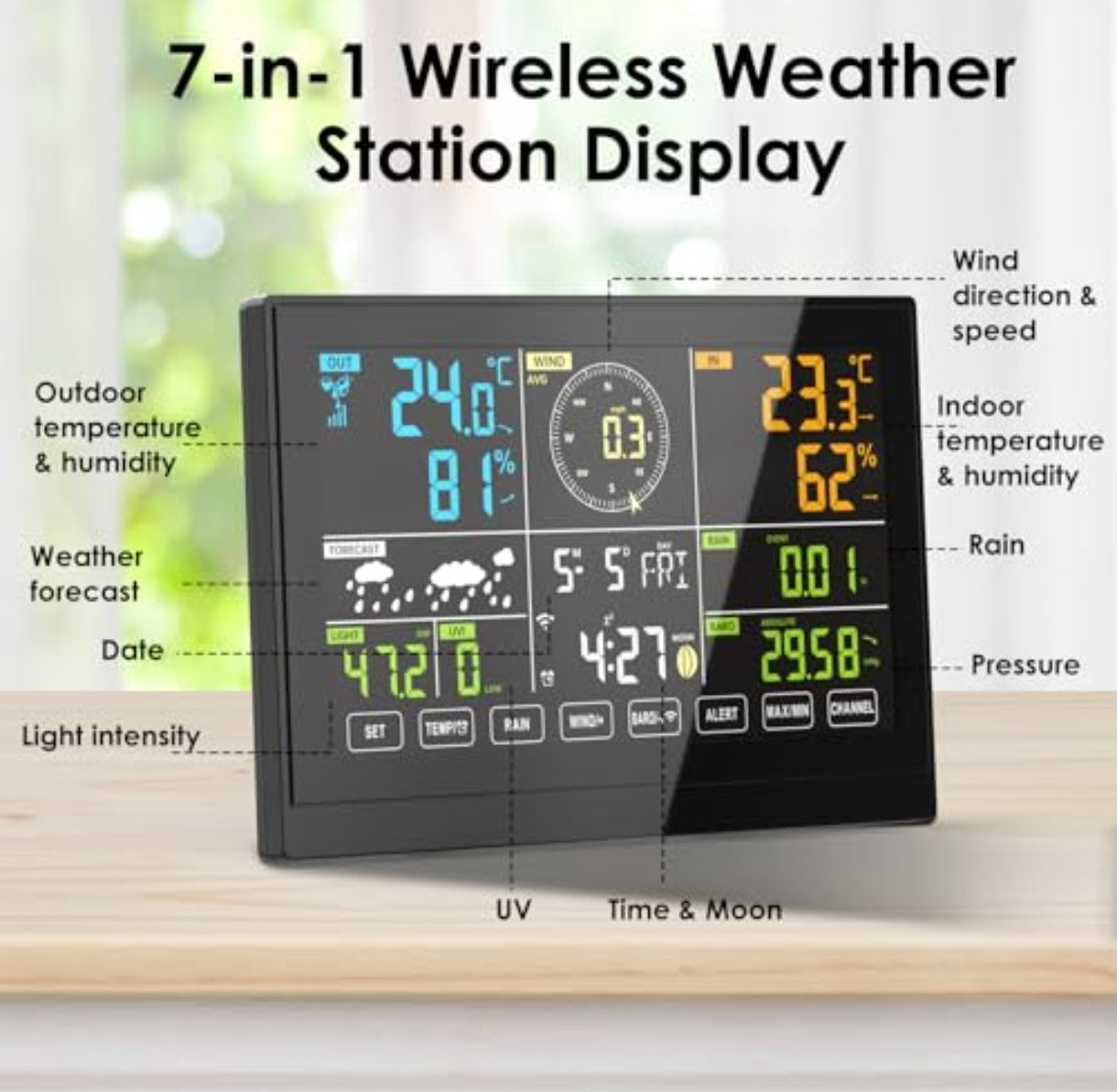 PetierWeit 7-v-1 brezžična vremenska postaja z zunanjim senzorjem in barvnim LCD zaslonom