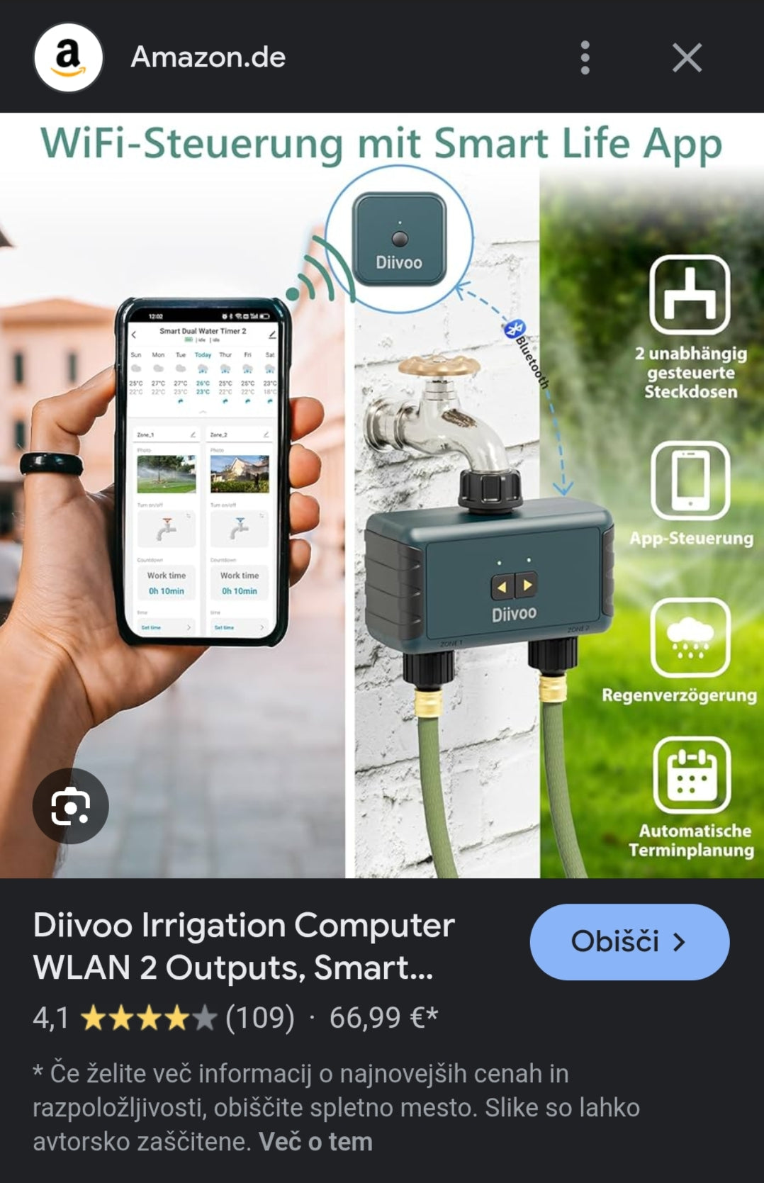 Bluetooth avtomatski zalivalnik Diivoo - 2 izhoda znamke Naklikaj.si je prikazan z digitalnim zaslonom pred pametnim telefonom z aplikacijo za nadzor. Pod njim so različni konektorji in nastavki za avtomatsko zalivanje.