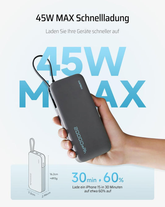 Prenosna polnilna baterija (powerbank) 20000 mAh – 45 W, vgrajen kabel USB-C