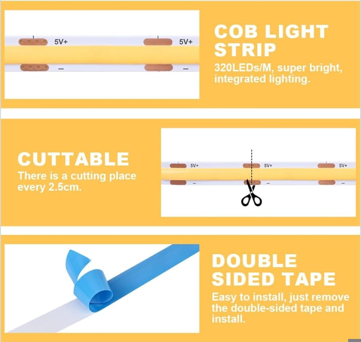 COB LED trak komplet z indukcijskim senzorjem – 6×1 m, topla bela (USB 5 V)