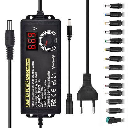 🔌 Adjustable universal power supply 3V–24V (72W, 3A) with LED display and 14 attachments