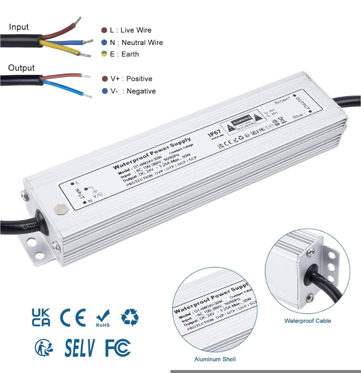 IP67 vodoodporni napajalnik za LED razsvetljavo – DC 24V / 30W