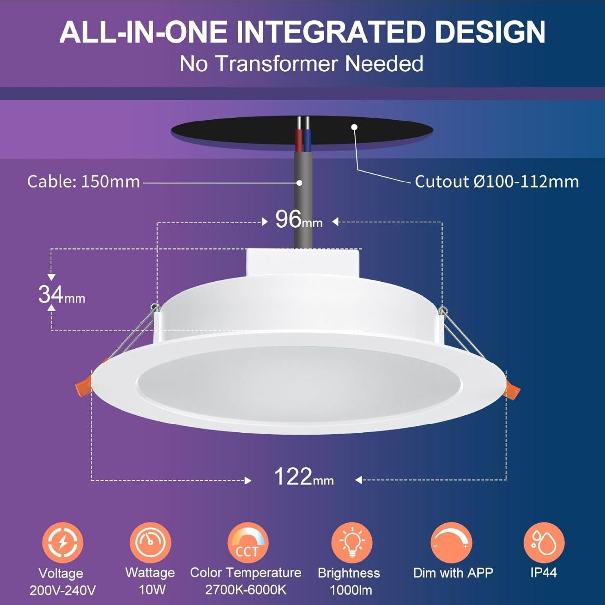 💡4x Dusktec RGB+CCT+Alexa LED smart recessed light 10W (122mm) – white