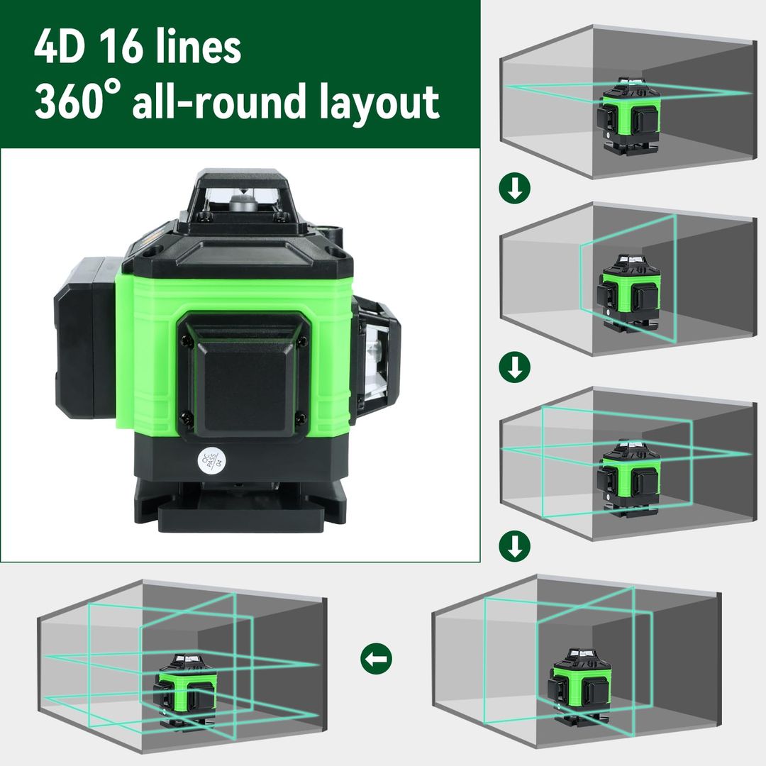 Gradbeni laser 4x360° z zelenim žarkom, 16-linijski s teleskopskim stativom + 2x baterija, garancija