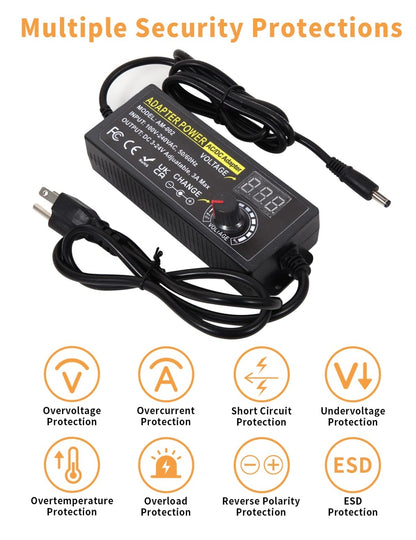 🔌 Adjustable universal power supply 3V–24V (72W, 3A) with LED display and 14 attachments