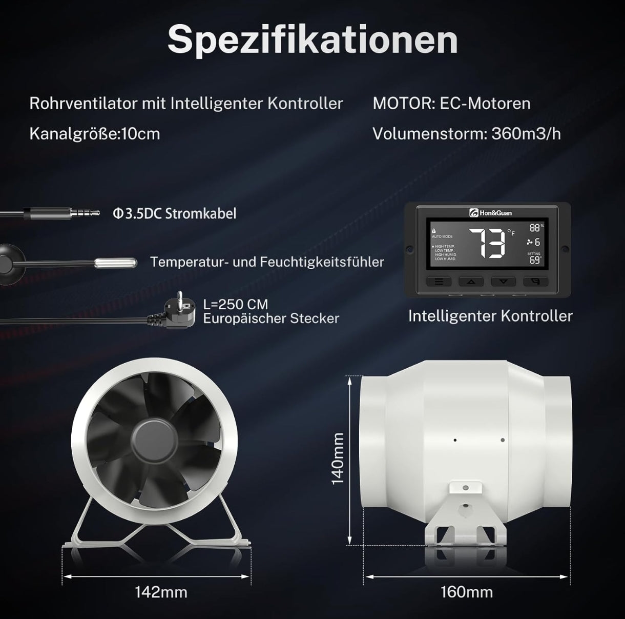 Hon&Guan HI-100PE EC cevni ventilator z inteligentnim krmilnikom (360 m³/h, 100 mm, 28 dB)