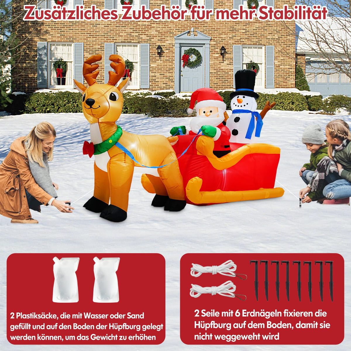 Osvetljena napihljiva božična dekoracija Božička z severnim jelenom in snežakom - 2m