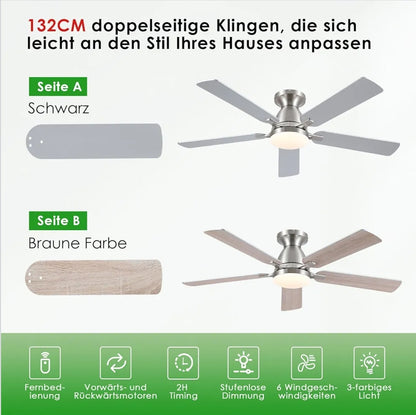 Shanggu stropni ventilator z lučjo (nikelj) - 132 cm, daljinec, aplikacija - naklikaj.si