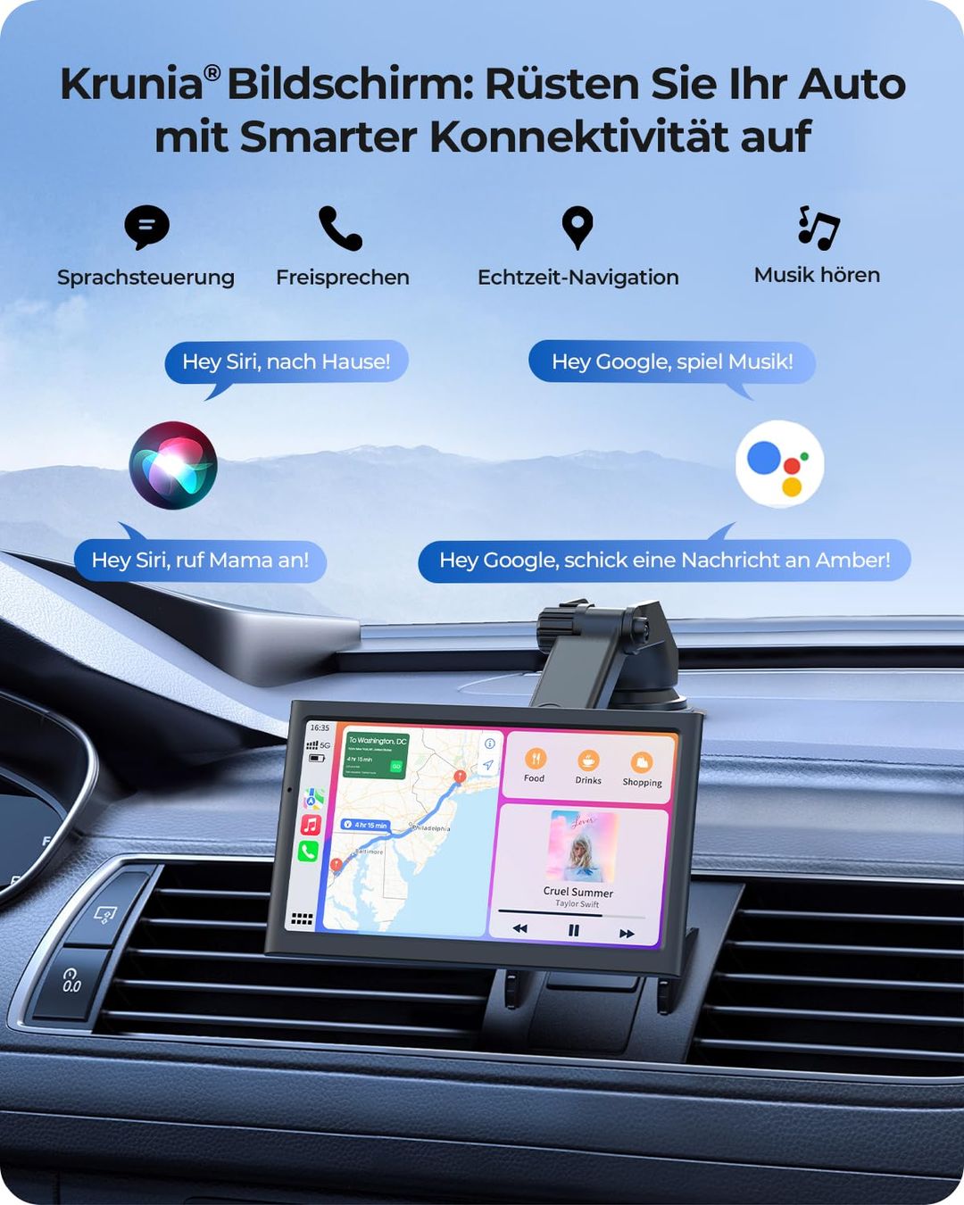 KRUNIA 7" brezžični prenosni zaslon za Apple CarPlay & Android Auto - naklikaj.si