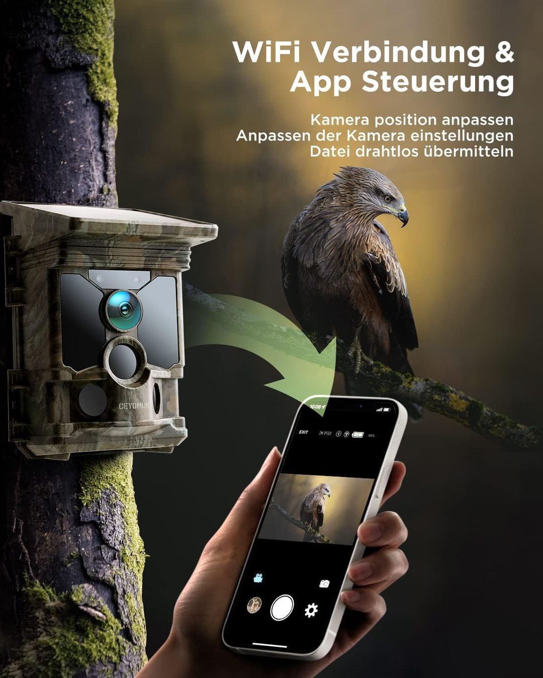 Solarna lovska kamera CEYOMUR 46MP, 4K UHD, 4400mah baterija WiFi, Bluetooth, SLO meni - naklikaj.si