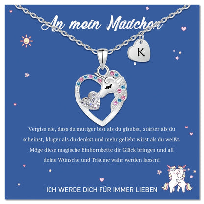 🦄 Unicorn necklace in a heart with the letter K, steel with 14K white coating, zirconium