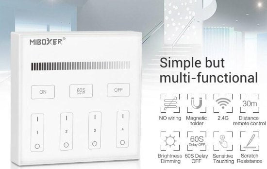 MiBoxer Stenski upravljalnik Mi-Light FUT-B1 – pametni 4-conski zatemnilnik za enobarvne LED trakove