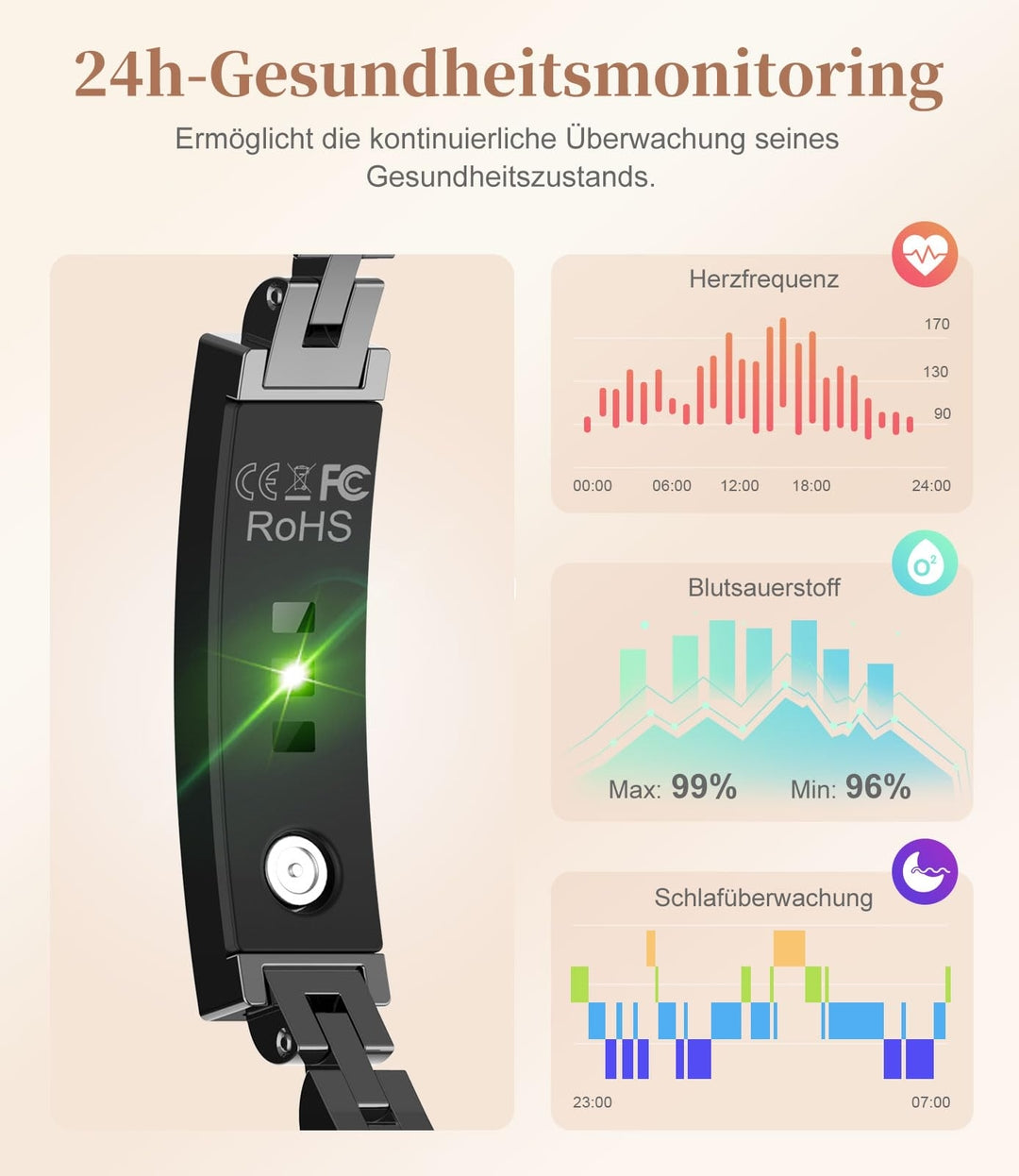 ⌚ LIGE pametna zapestnica za ženske (črna, srebrna)