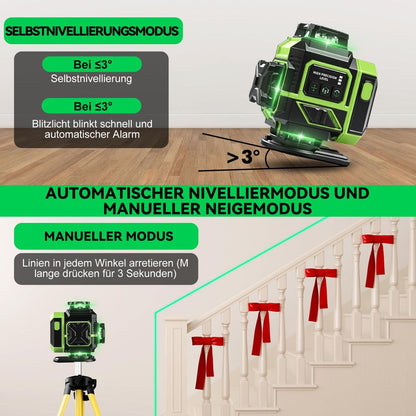Gradbeni laser 4x360° z zelenim žarkom, aplikacija, daljinec, 2x baterija, stojalo