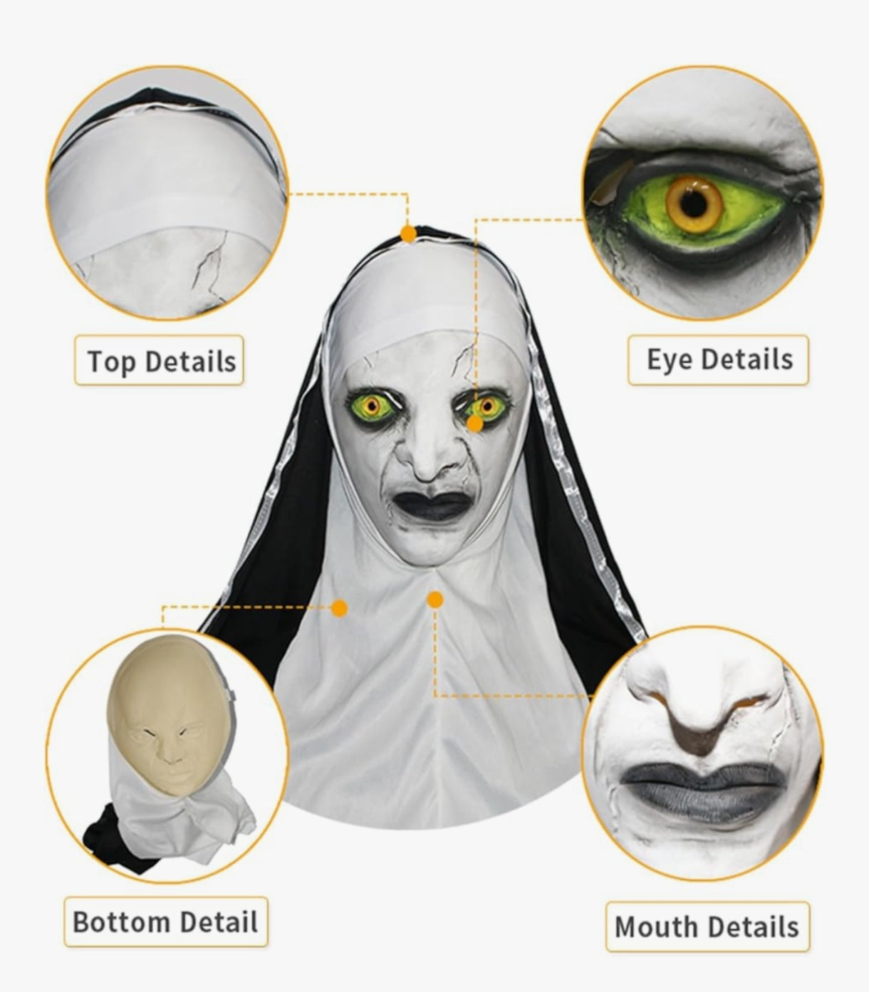 Grozljiva pustna maska nune z zelenimi očmi