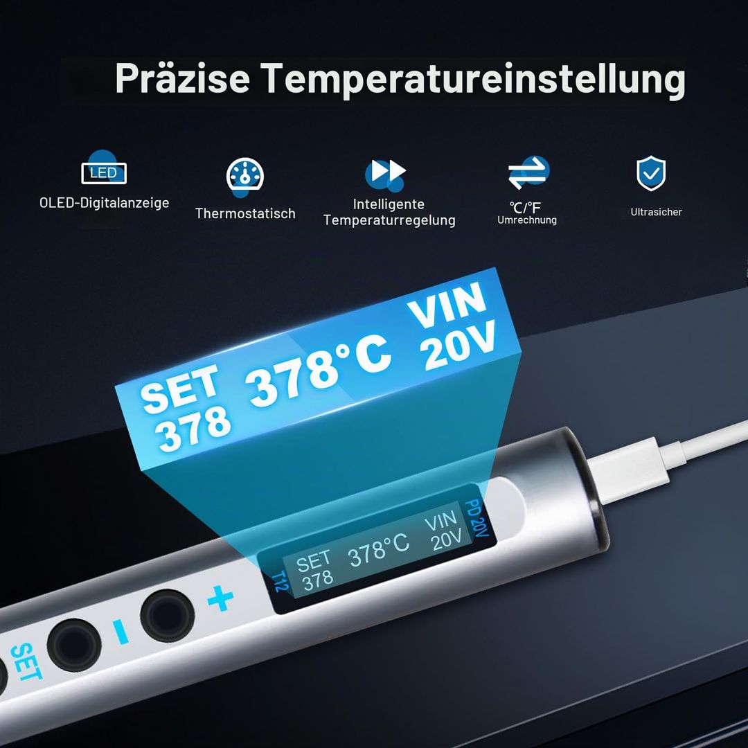 Prenosni USB električni spajkalnik 65W z OLED zaslonom, 5 konic + pribor - 180-450°C