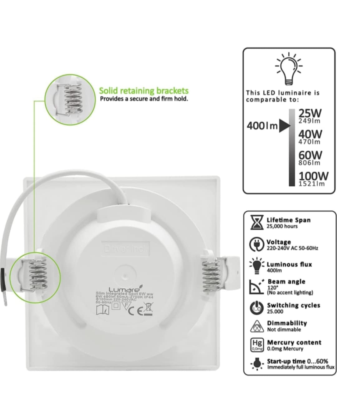 💡6x Lumare LED recessed light 6W, 3000K – square (round cutout 100mm)