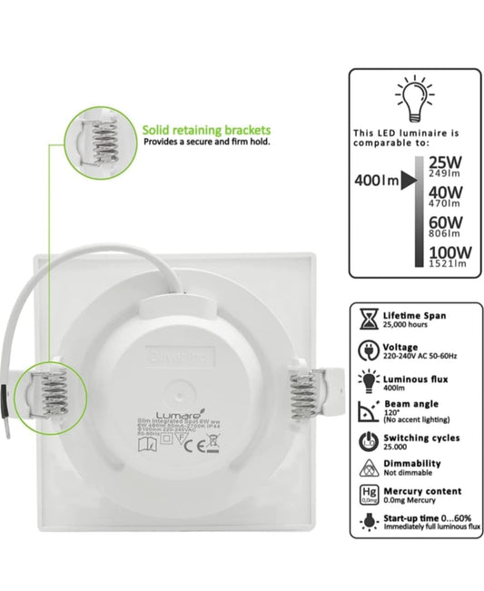 💡6x Lumare LED recessed light 6W, 3000K – square (round cutout 100mm)