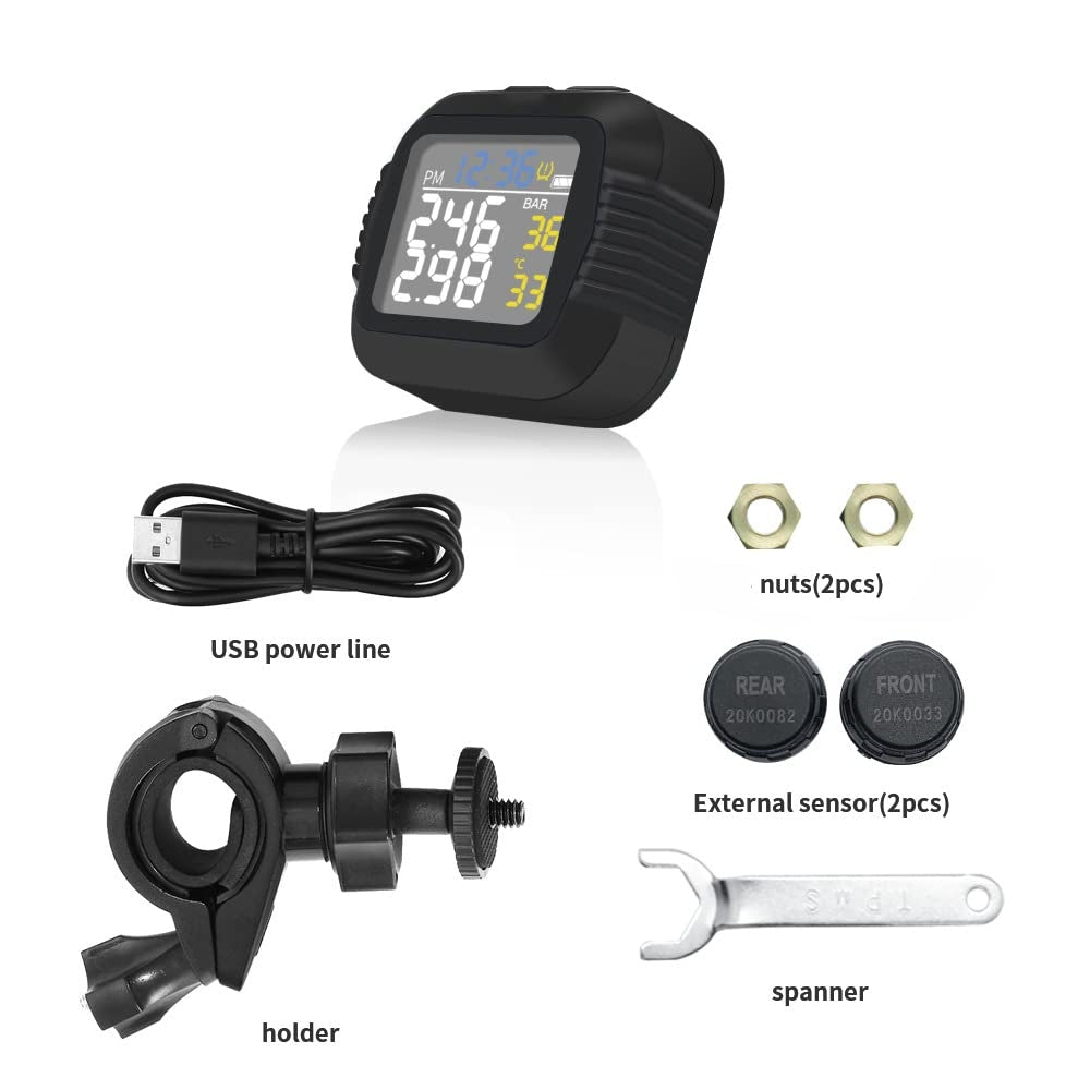 Motoristični TPMS sistem – brezžični LCD merilnik tlaka in temperature, USB polnjenje