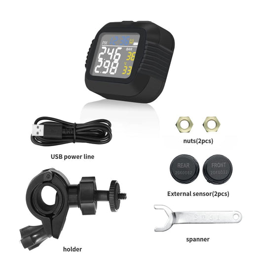 Motoristični TPMS sistem – brezžični LCD merilnik tlaka in temperature, USB polnjenje