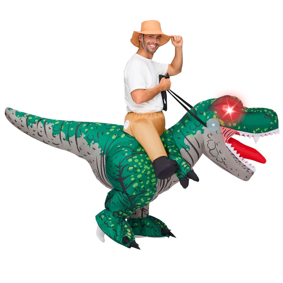 Napihljiv kostum T-Rex za odrasle s svetlečimi očmi - zelen (neoriginalna embalaža)