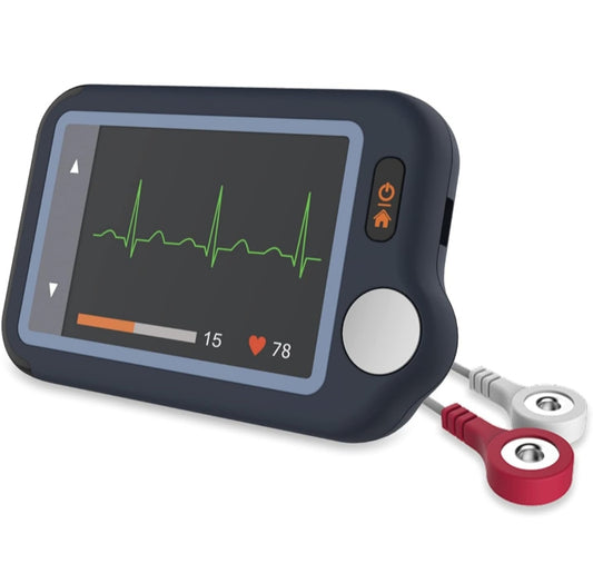 Profesionalni prenosni EKG merilnik z Bluetooth povezavo Naklikaj.si prikazuje srčni utrip 78 in EKG valovanje na zaslonu. Priklopljeni sta rdeča in bela elektrodna žica za preprosto spremljanje ritma kjerkoli.