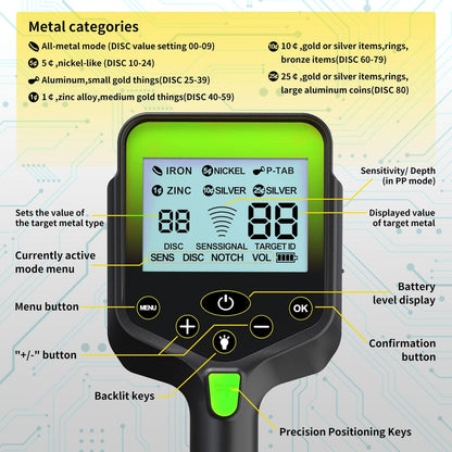 LOLARAN GT1000 profesionalni detektor kovin – vodoodporen, LCD zaslon (PRO Green)