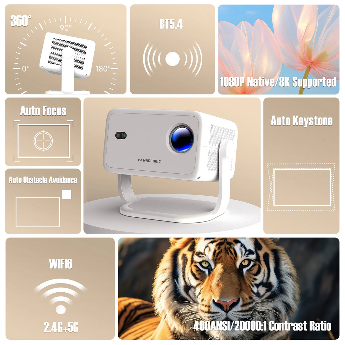LED projektor Magcubic L018, 4K/8K, 400ANSI, Android 14, Wifi 6, AutoFocus